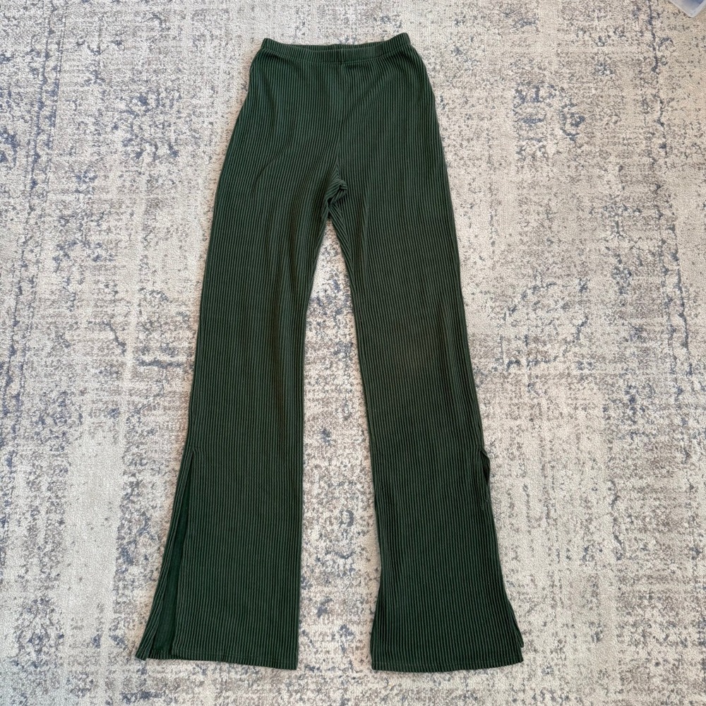 Gaze Womens Small Ribbed Knit Wide Leg Pants Green Side Slit High Rise Casual